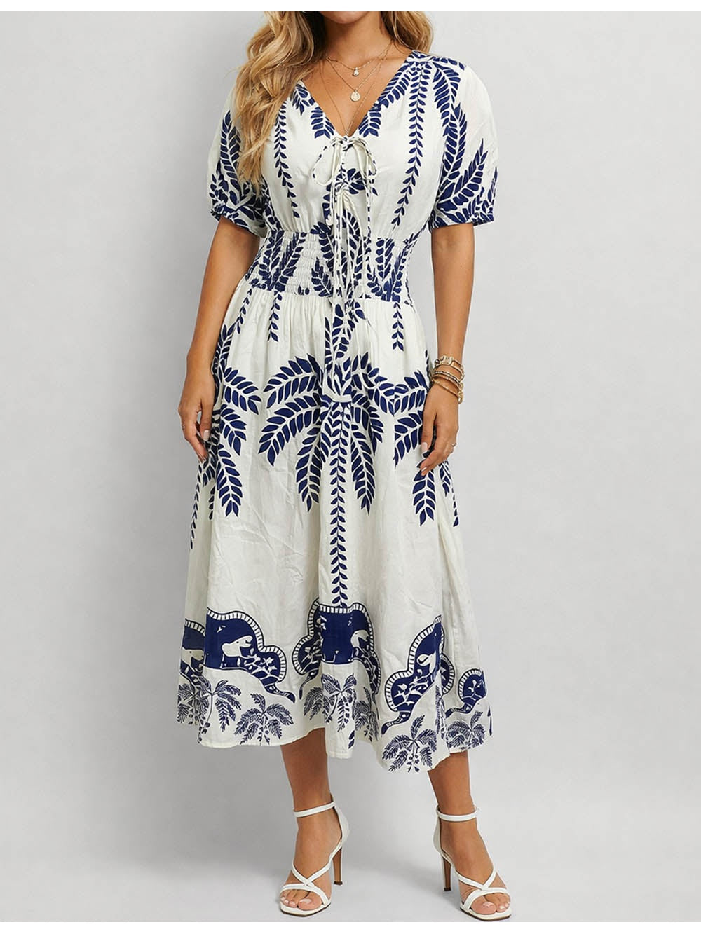 Palm Tree Smocke Waist V Neck Drawstring Midi Dress