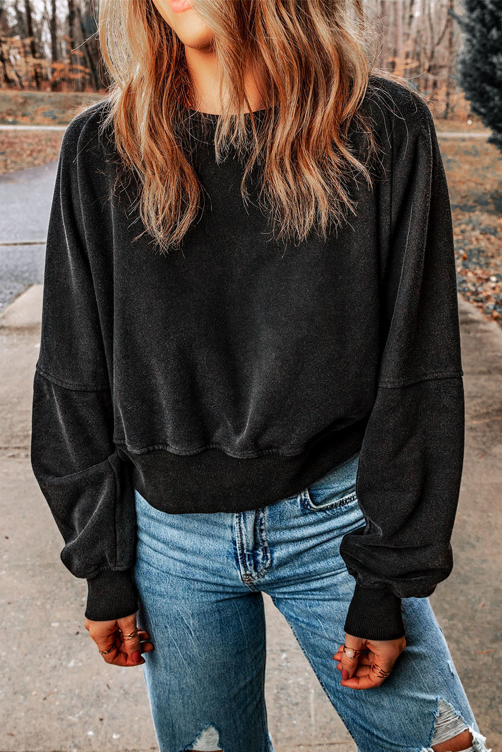 Acid Wash V Shape Open Back Sweatshirt