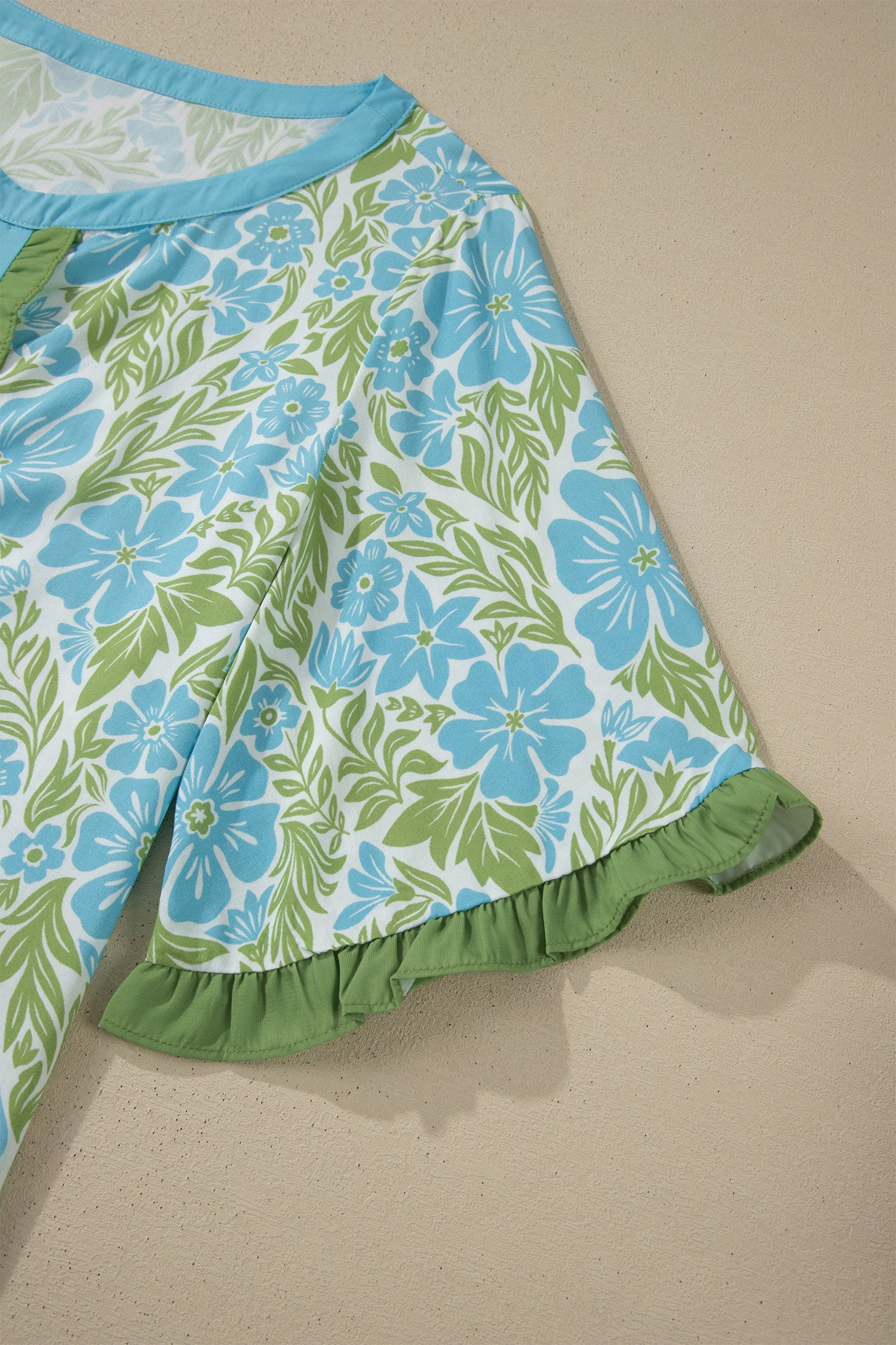 Sky Blue Floral Print Ruffled Color Block Trim Half Sleeve Blouse