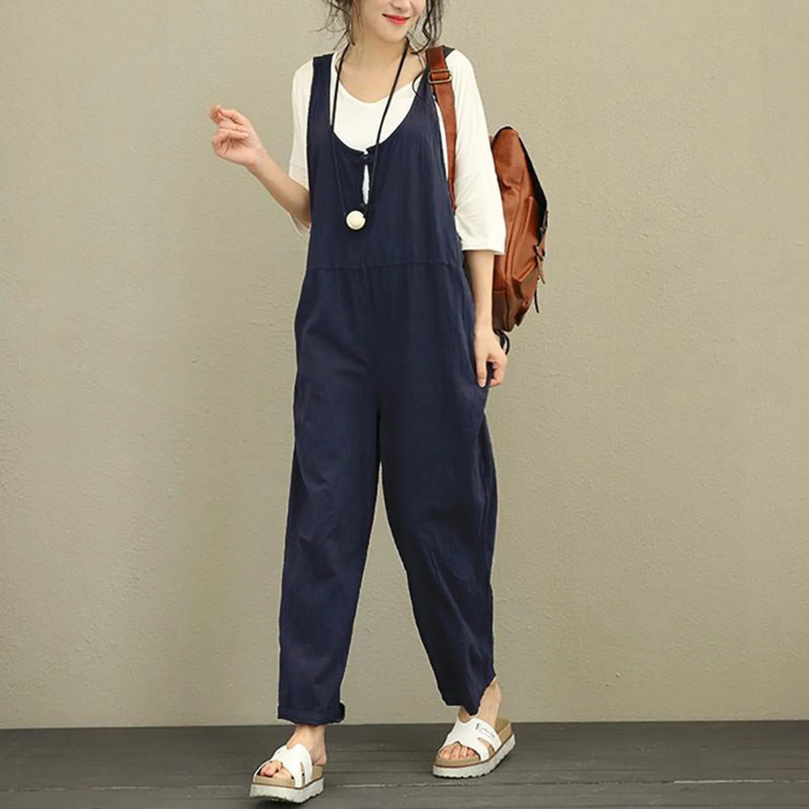 Boho Comfort Wide-Leg Suspender Cotton Jumpsuit