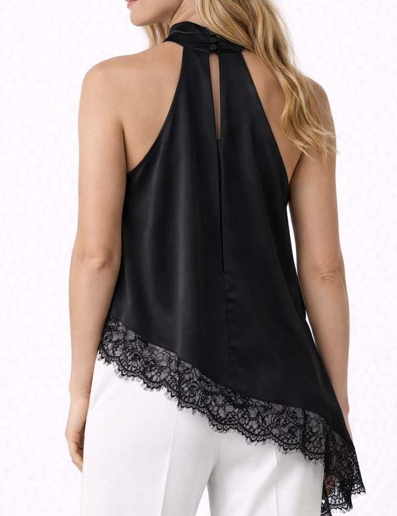Satin Halter Neck Lace Irregular Hem Sleeveless Top