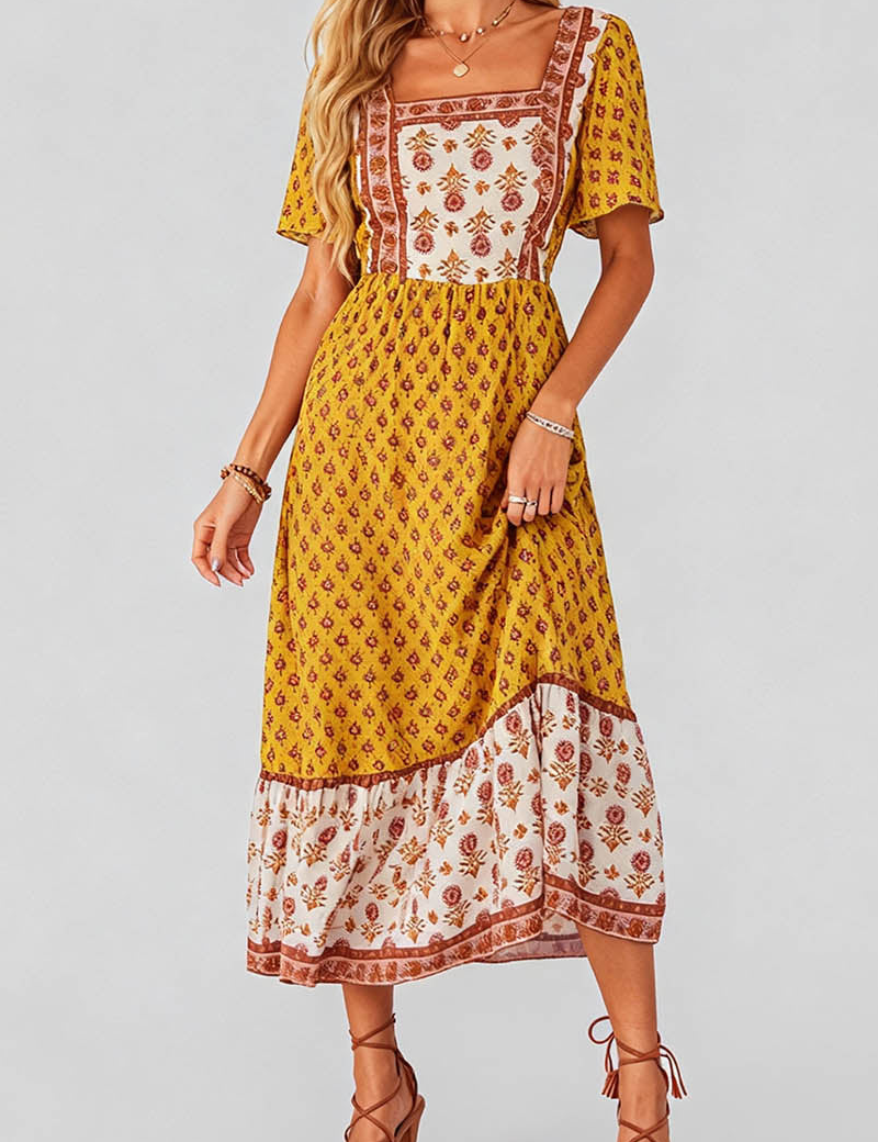 Boho Square Neck Short Sleeves Maxi Dress