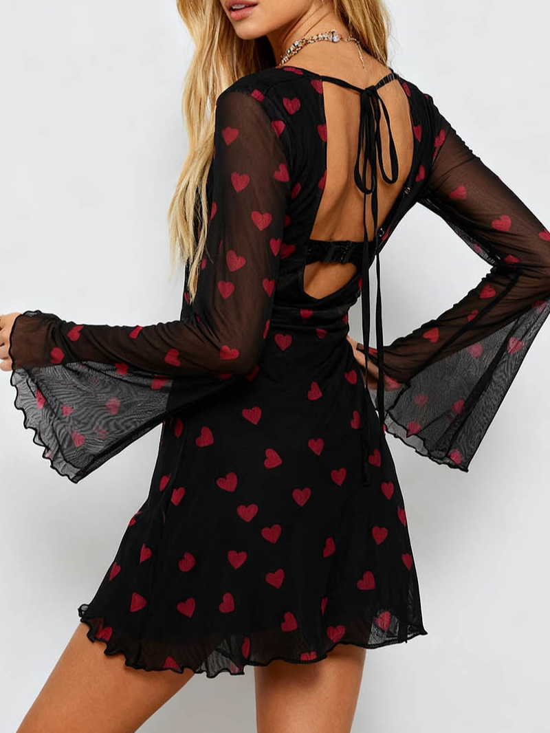 Open Back Valentine Heart Mesh Mini Dress