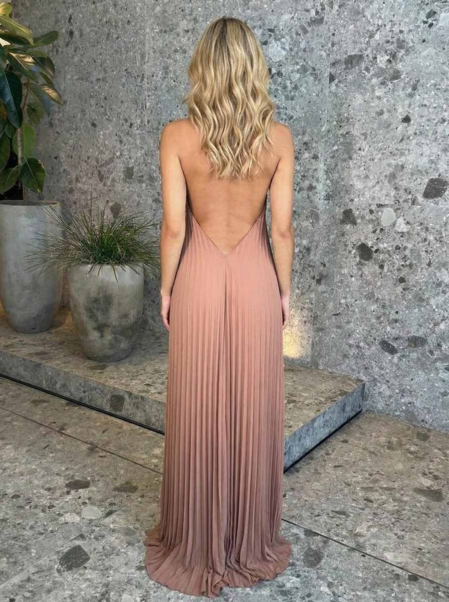 Pleated Halter Neck Maxi Dress