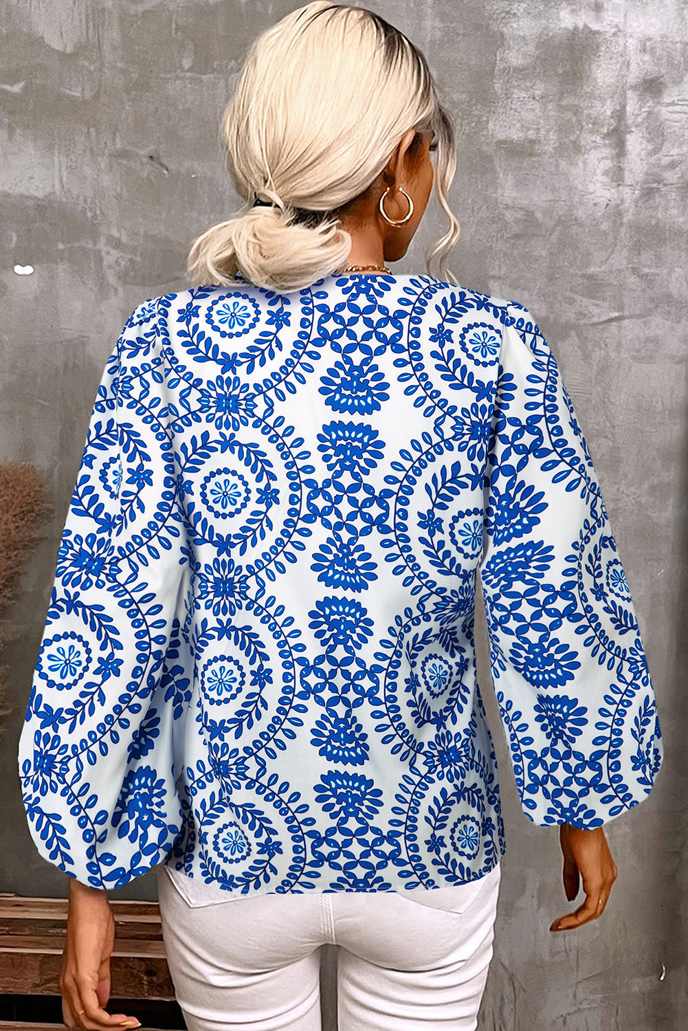 Floral Geometric Print V-Neck Shirt Blouse