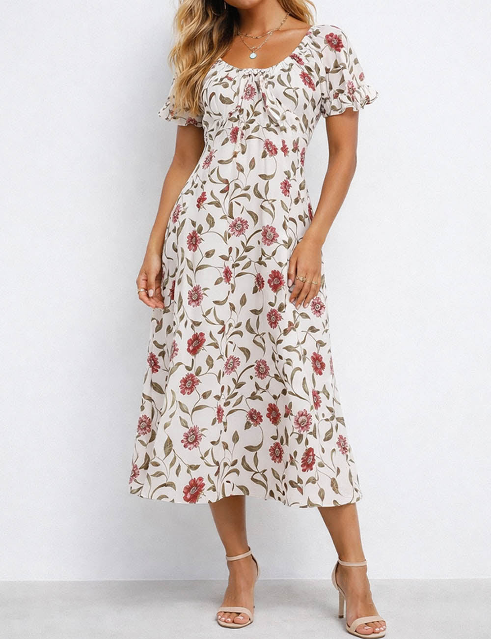 Puff Sleeves V Neck Lave Up Midi Dress