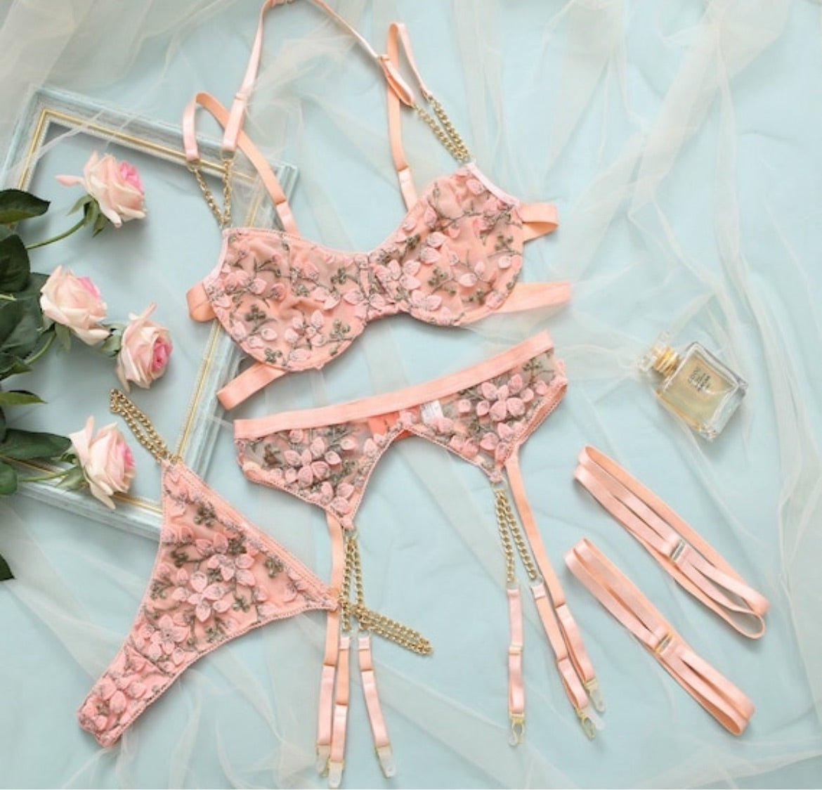 Delicate Embroidered Garter Lingerie Set