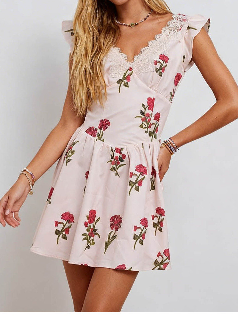Romantic Lace Trim V Neck Mini Dress