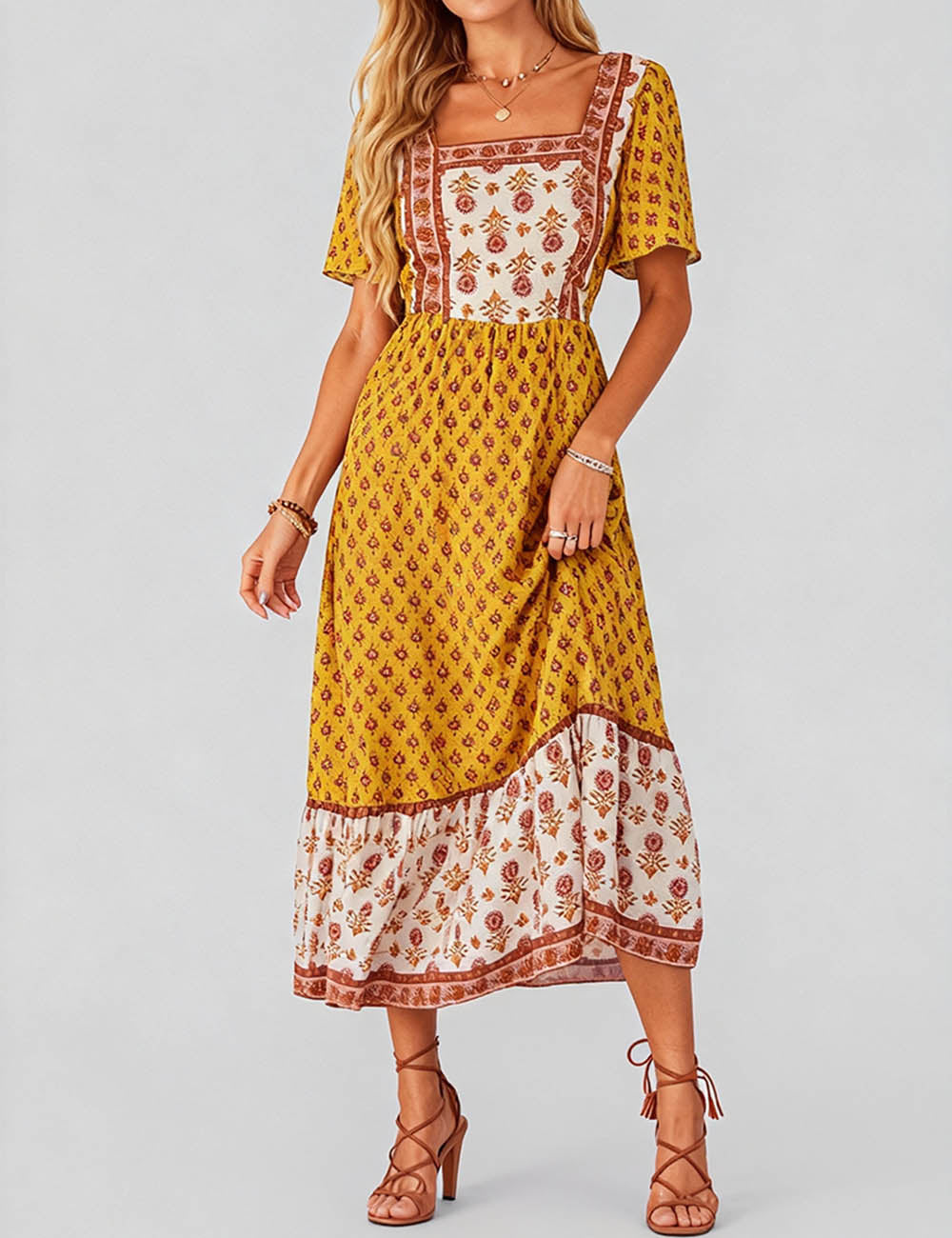 Boho Square Neck Short Sleeves Maxi Dress