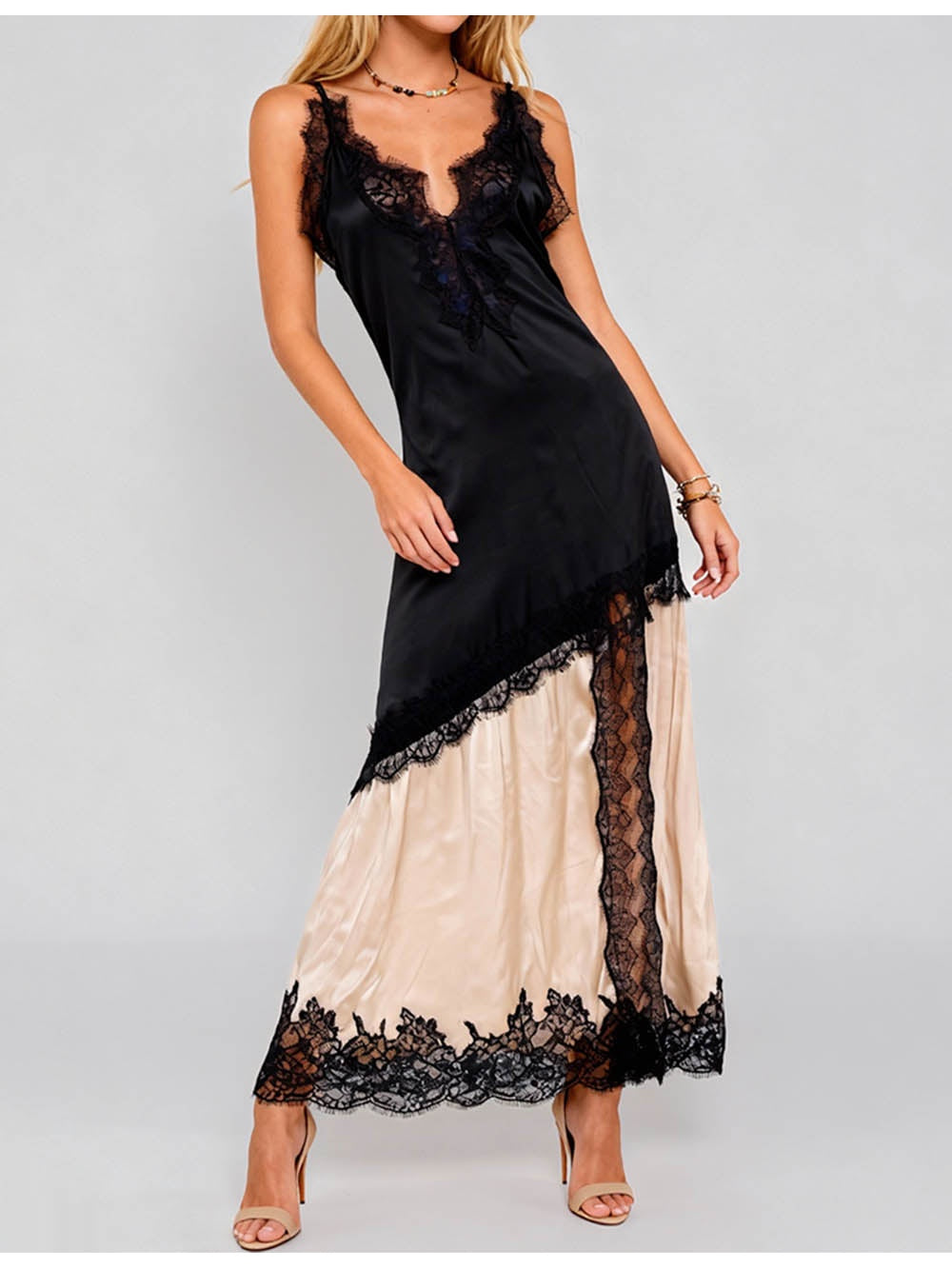V Neck Sleeveless Lace Splice Side Split Maxi Dress
