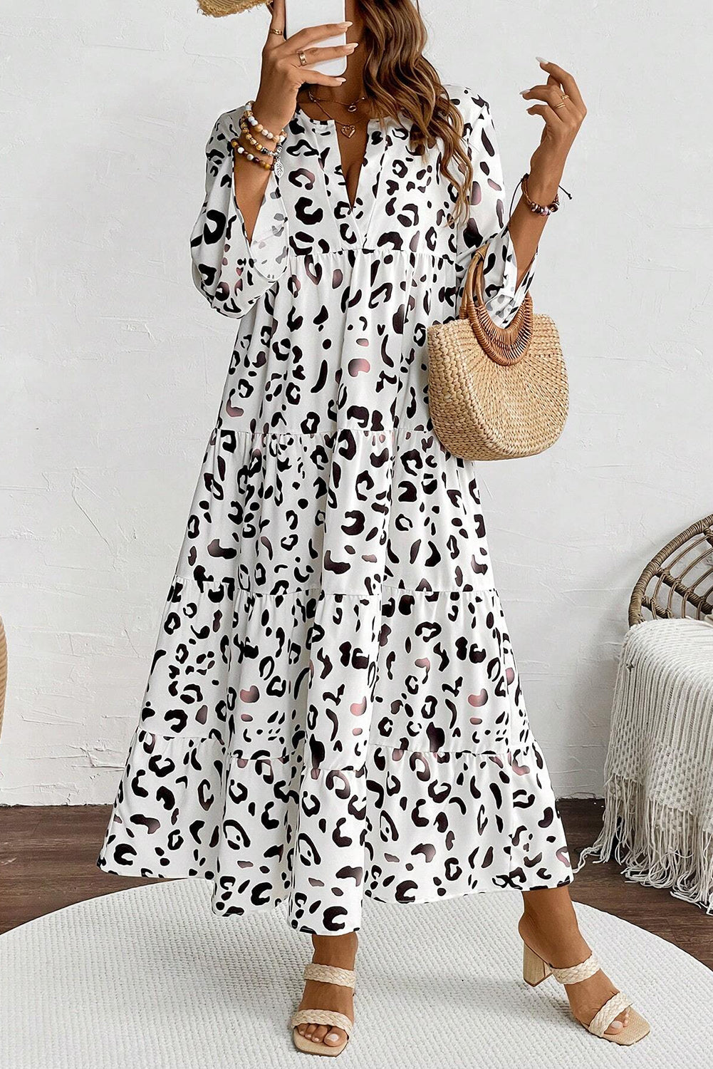Leopard Print Notch V Neck Loose Fit Maxi Dress