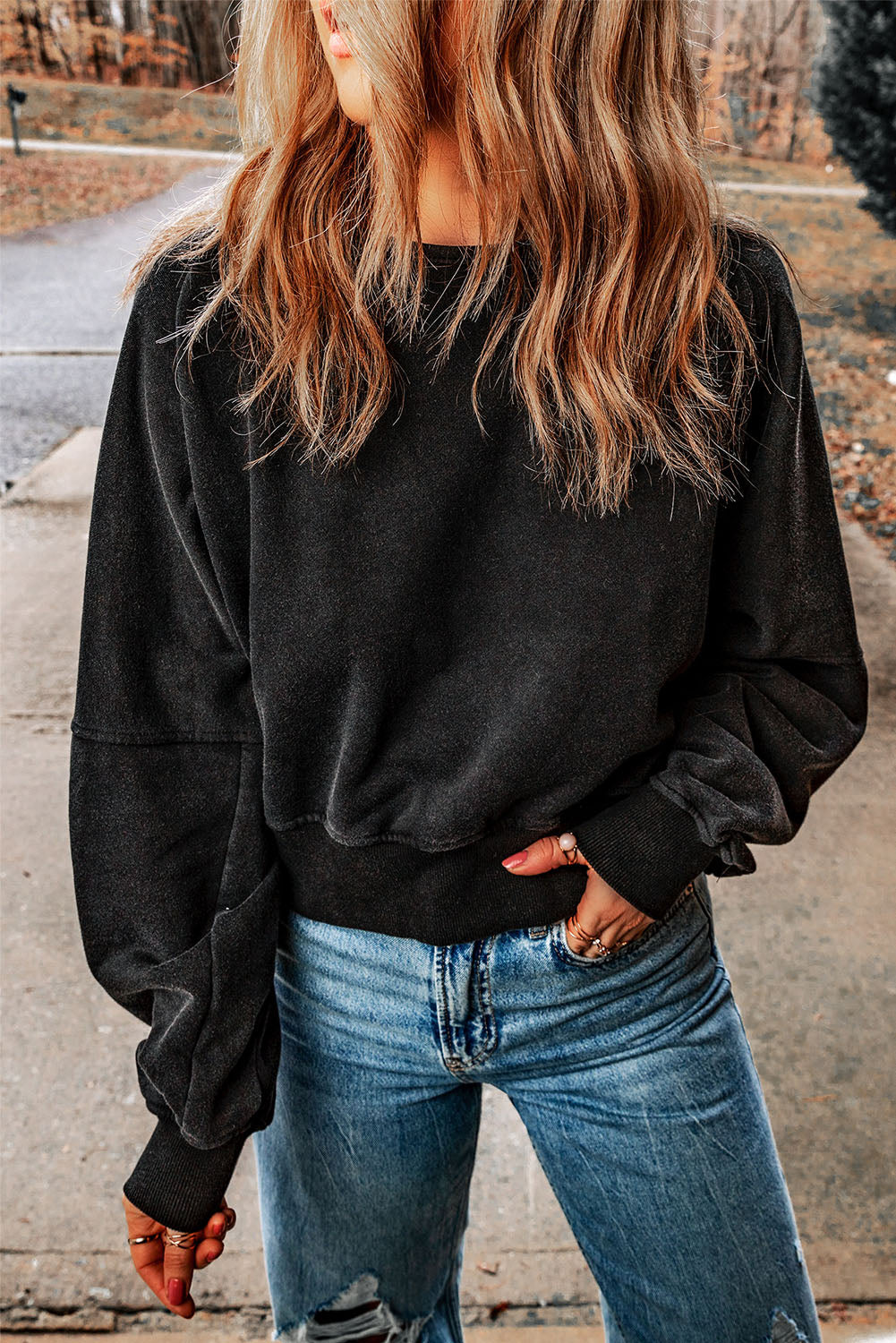 Acid Wash V Shape Open Back Sweatshirt