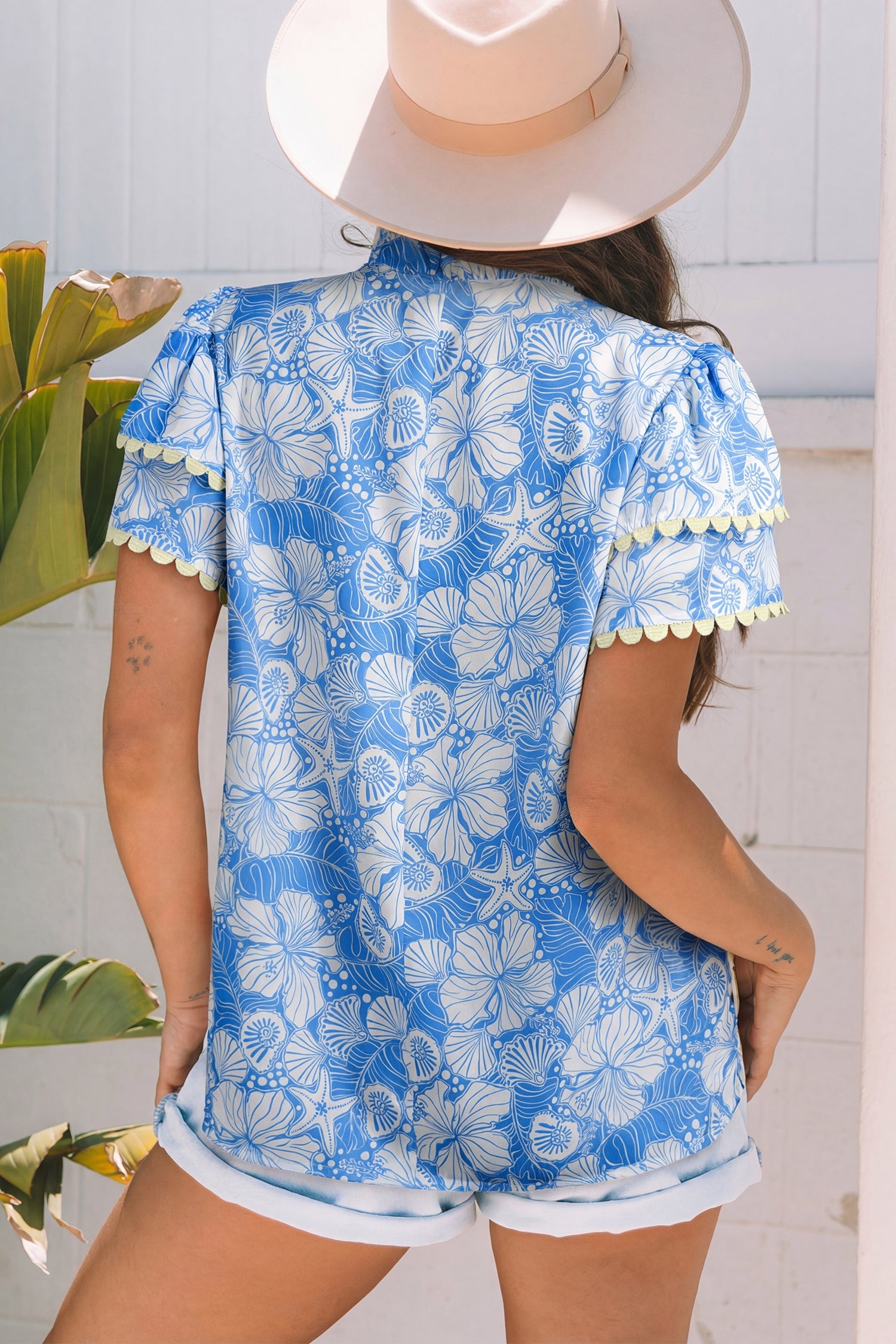 Sky Blue Oceanic Floral Print Scalloped Trim V Neck Short Sleeve Blouse