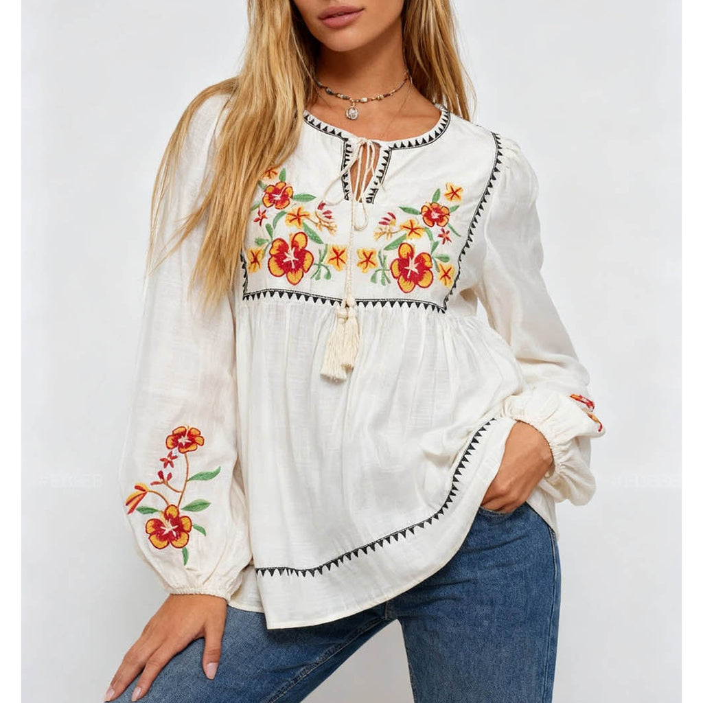 Boho Embroidery Front Babydoll Blouse