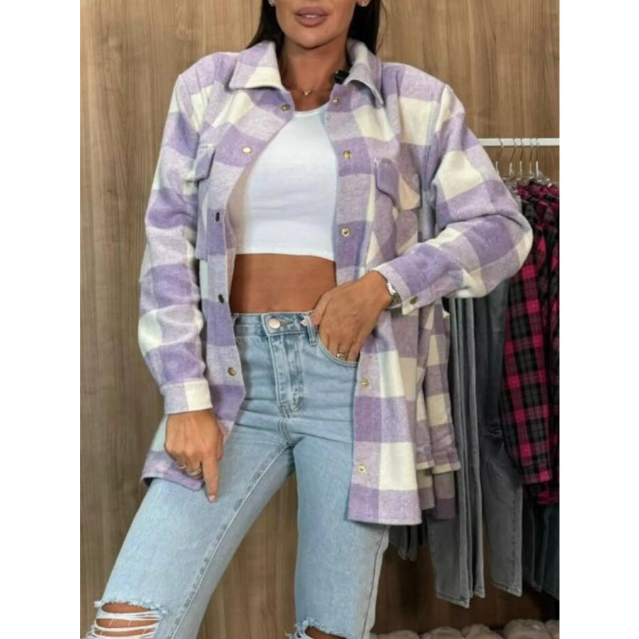 Classic Plaid Button Down Long Sleeve Shacket Jacket