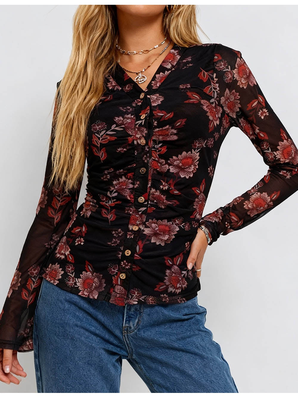 Boho Sheer V Neck Long Sleeves Blouse
