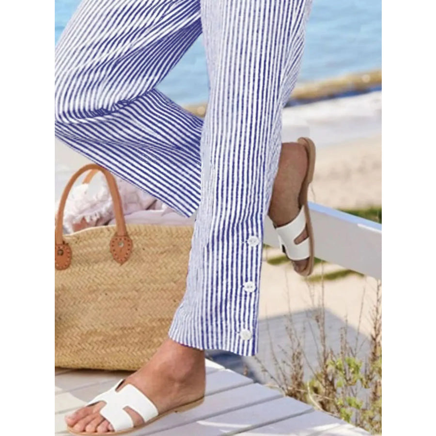 Full Size Striped Side Button Detail Pants Plus Size