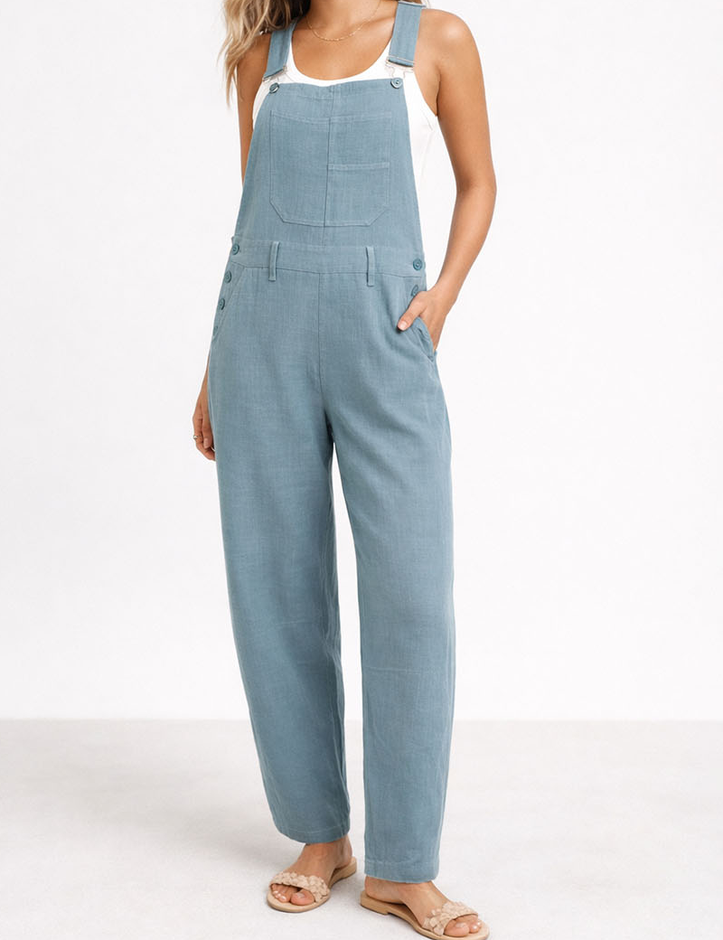 Casual Overall Solid Color Barrel Leg Denim Jumpsuit