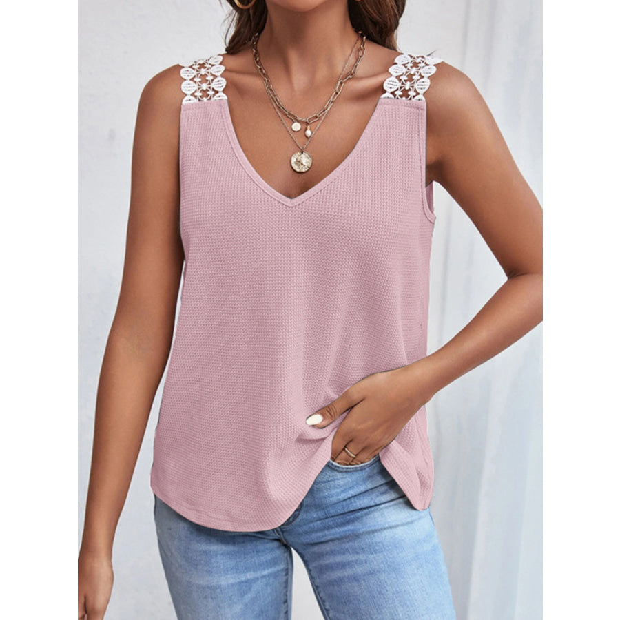 Lace Detail Waffle Knit V Neck Tank