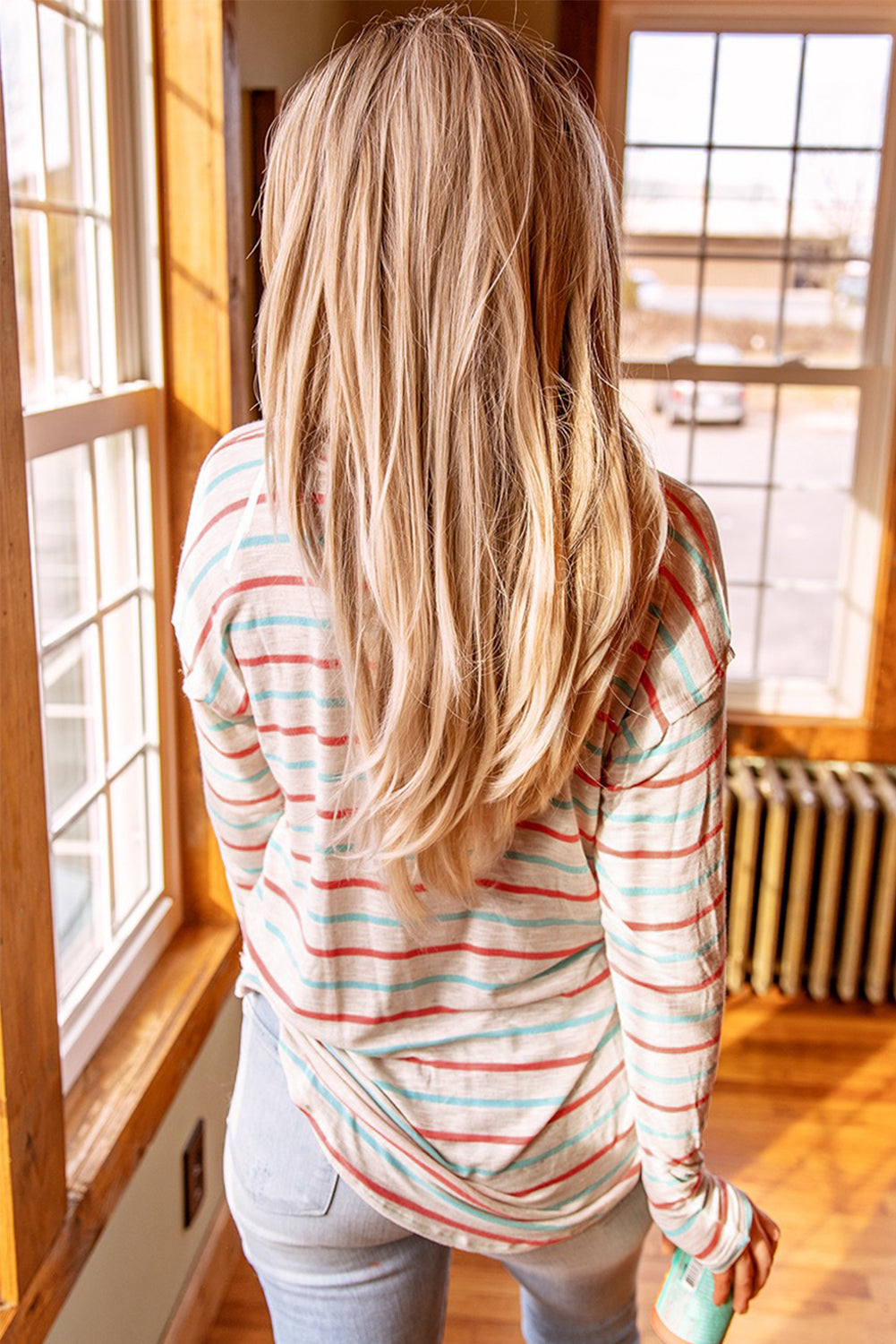 Striped Print V Neck Long