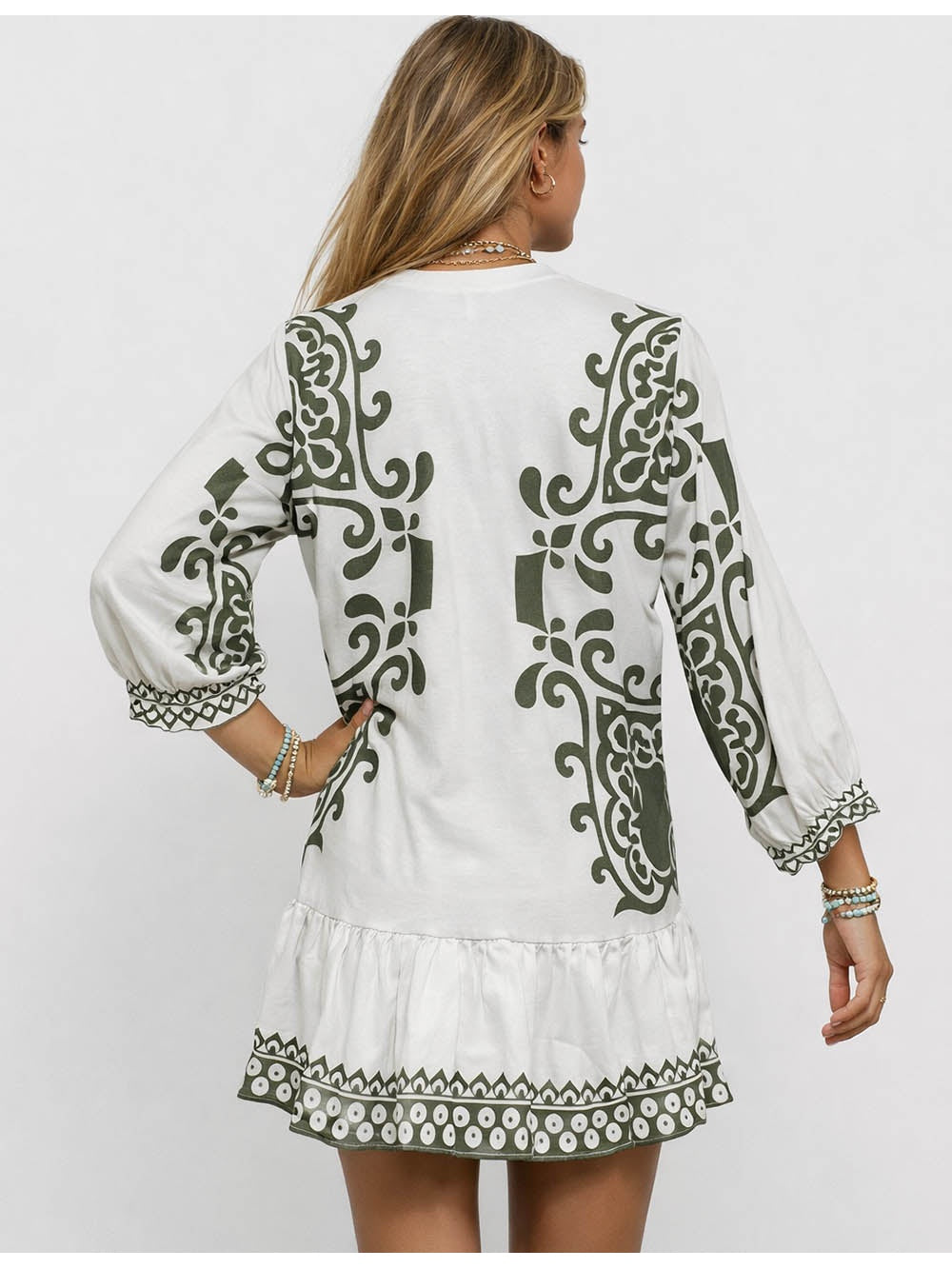 Boho Fringle Neck Long Sleeves Mini Dress