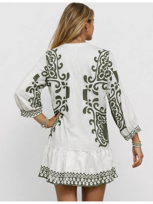 Boho Fringle Neck Long Sleeves Mini Dress