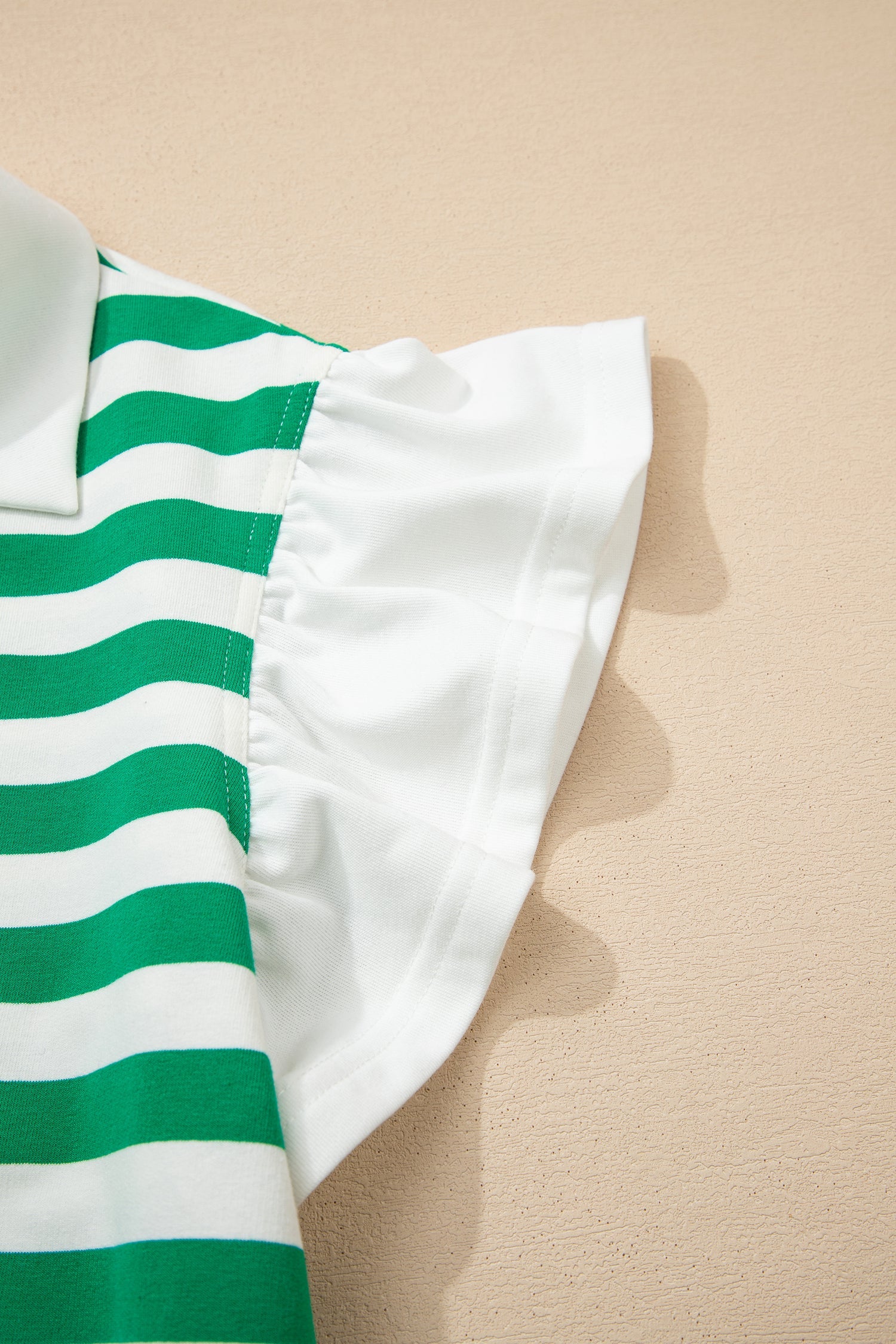 Green Stripe Collar V Neck Ruffled Short Sleeve Blouse