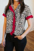 Khaki Contrast Frilled V Neck Trimmed Leopard Shirt