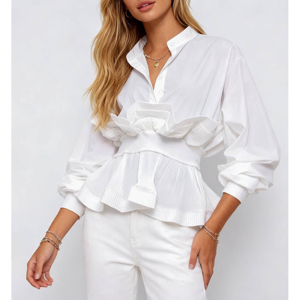 Chic Ruffle Pleated Lantern Sleeves Button Front Blouse