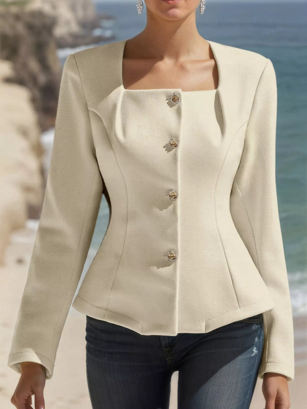 Square Neck Button Down Fitted Blazer Jacket