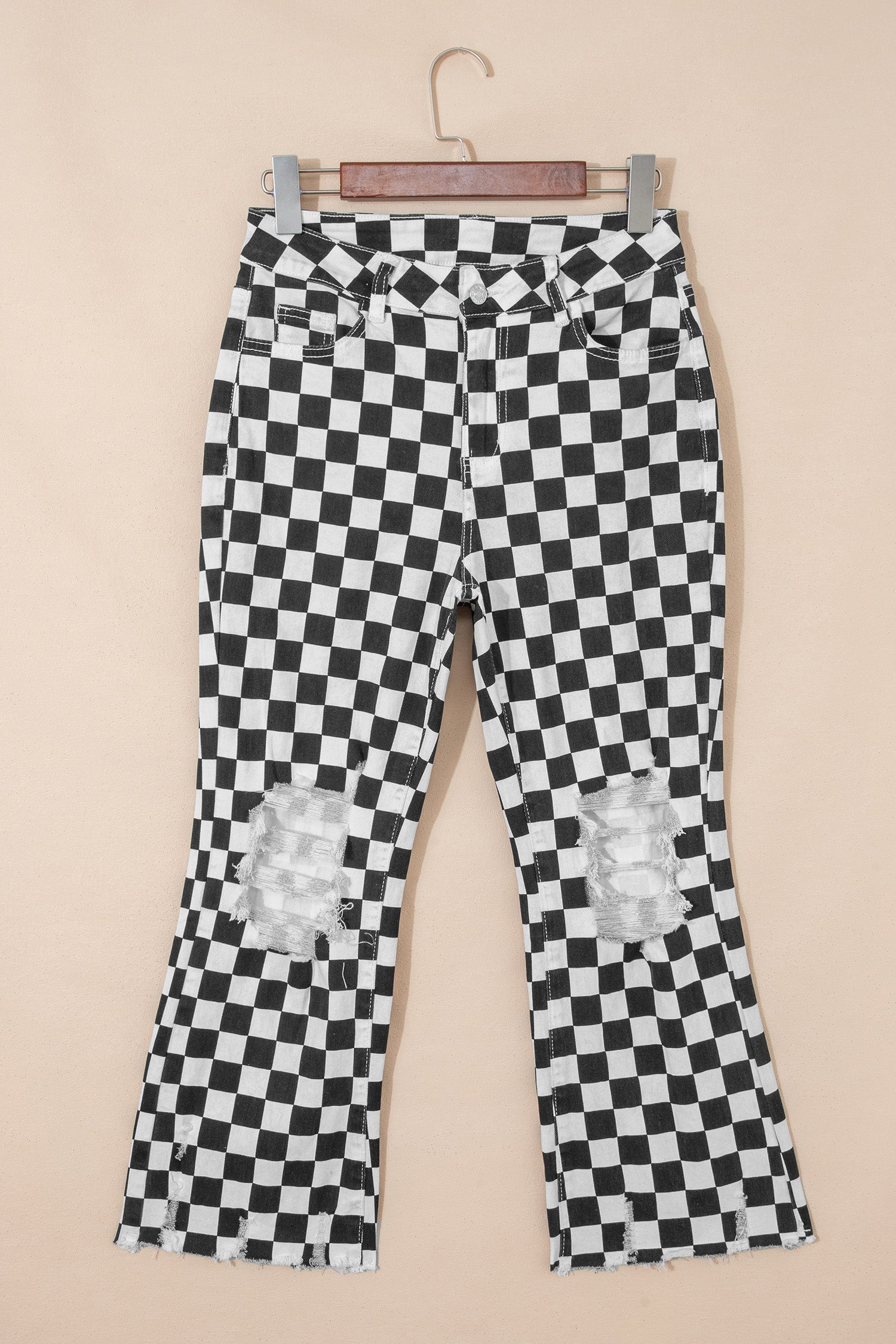 Print Cropped Distressed Checkerboard Holes Raw Jeans