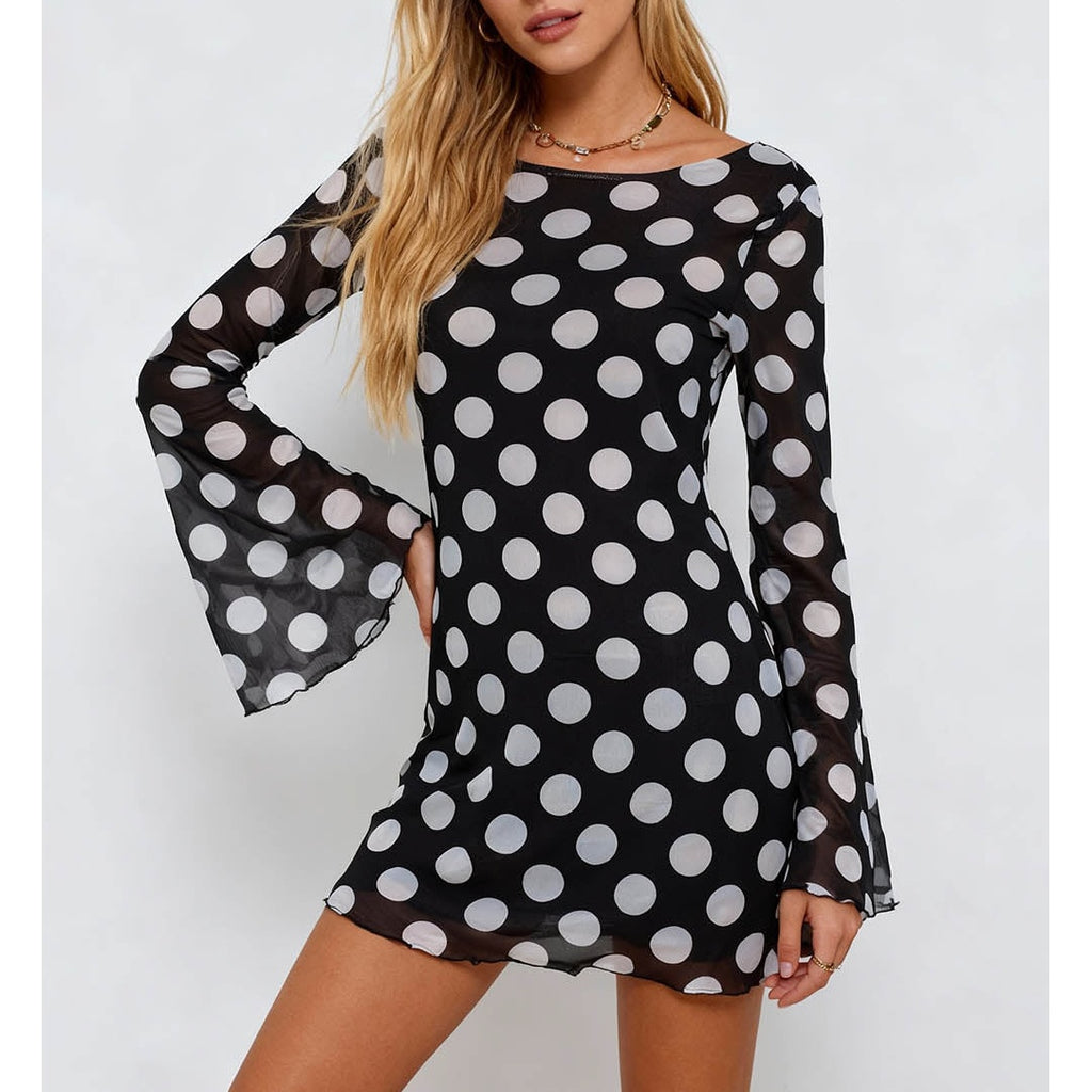 Polka Dot Open Back Flared Sleeves Mesh Mini Dress