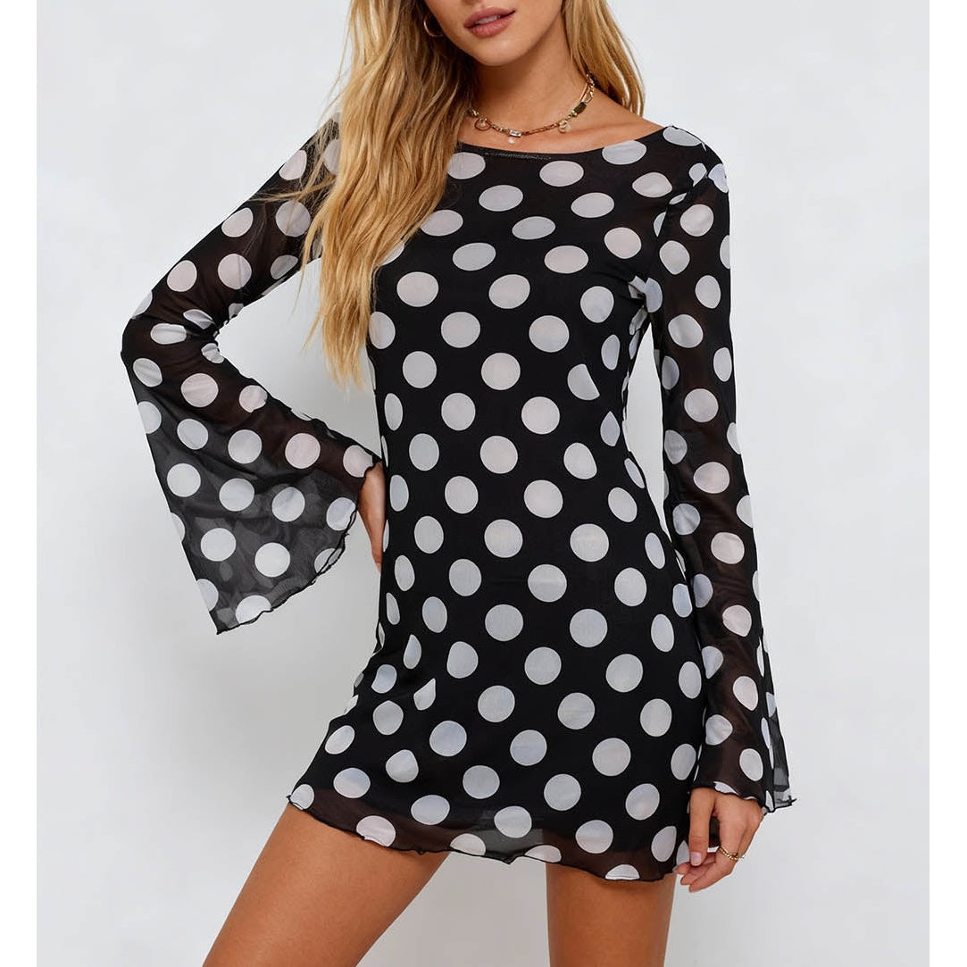 Polka Dot Open Back Flared Sleeves Mesh Mini Dress