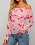 Off Shoulder Ruched Sheer Mesh Top