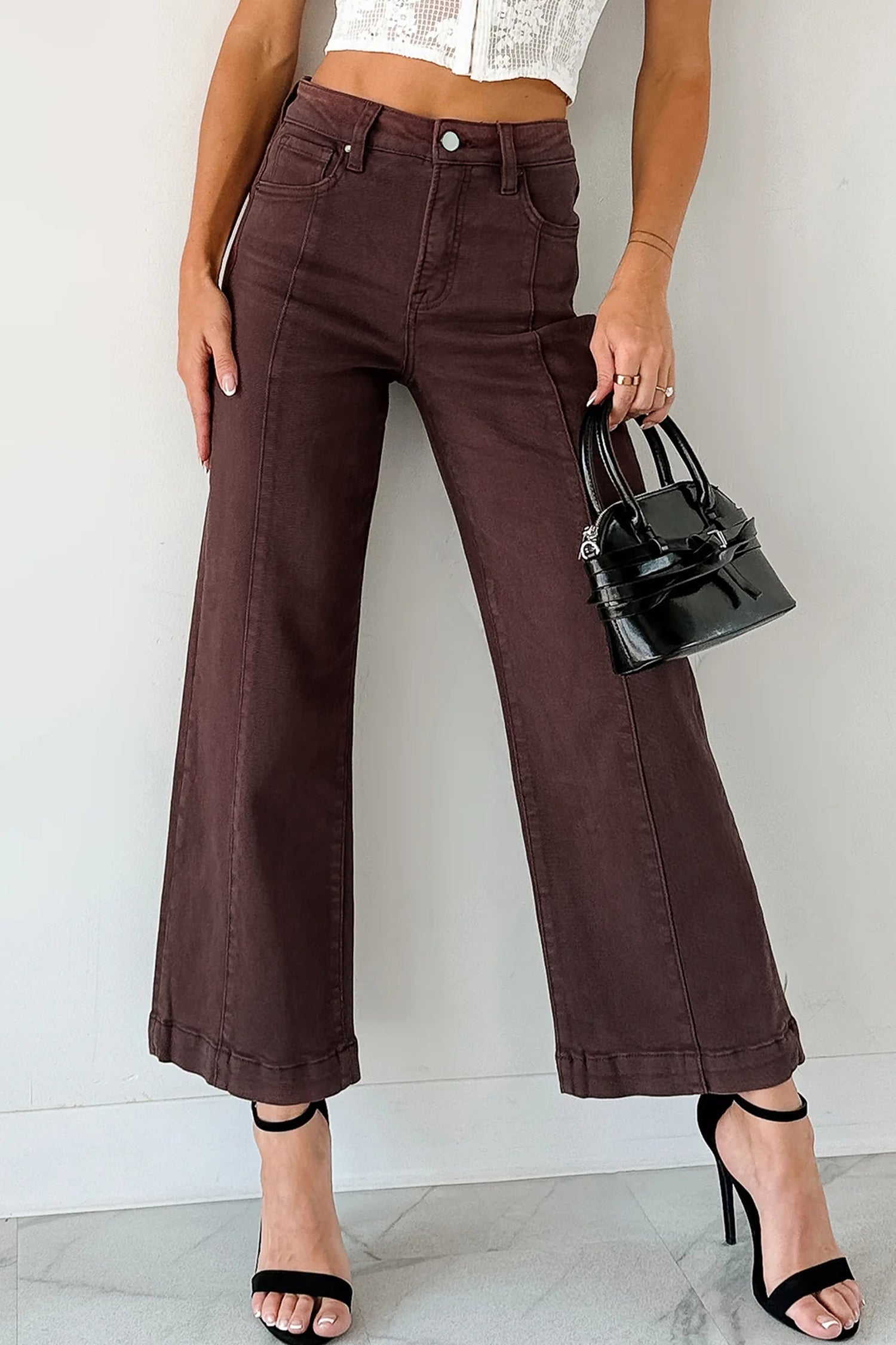 Wide Leg Cropped Sandalwood Solid Seamed Jeans