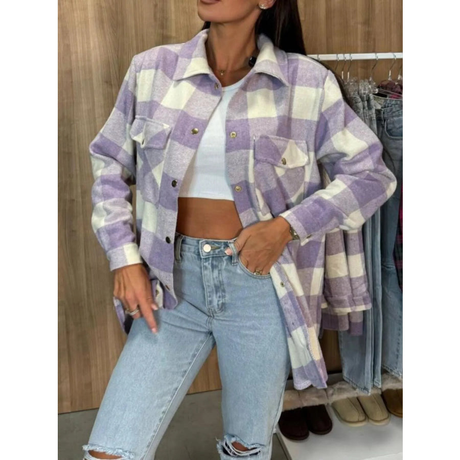 Classic Plaid Button Down Long Sleeve Shacket Jacket