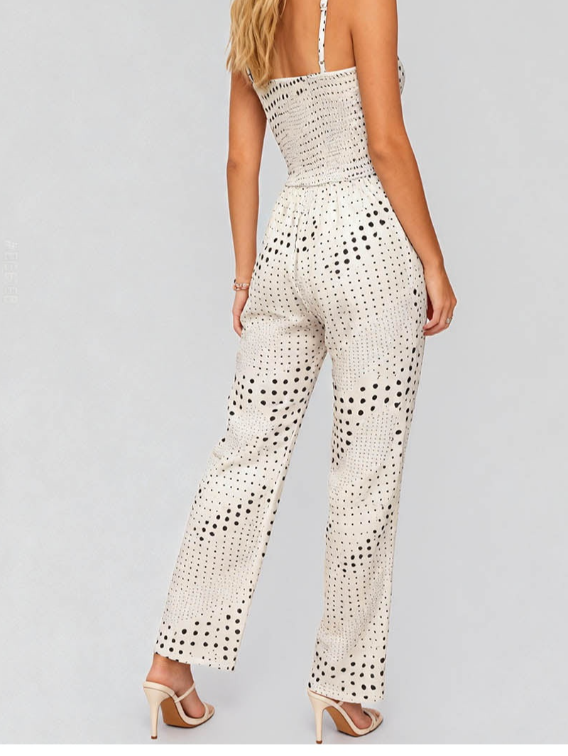 Polka Dot Smocked Bodice Wide Leg Jumpsuit