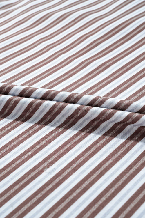 Chestnut Striped Stand V Neck Short Sleeve Blouse