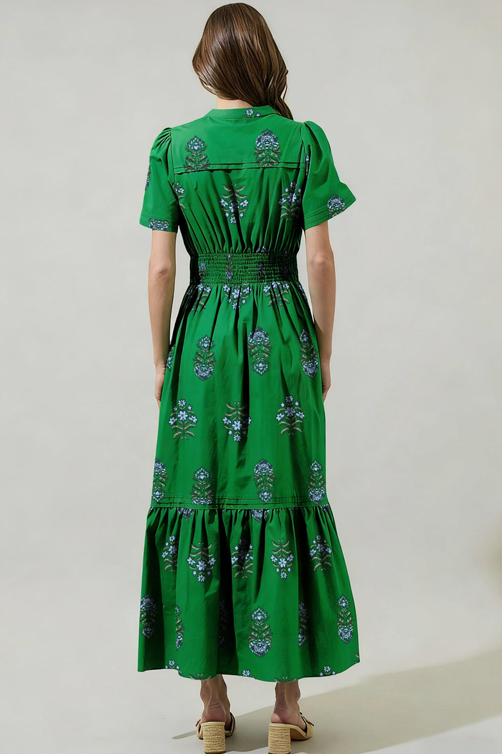 Floral Print Split Neck Shirred High Waist Ruffle Hem Playful