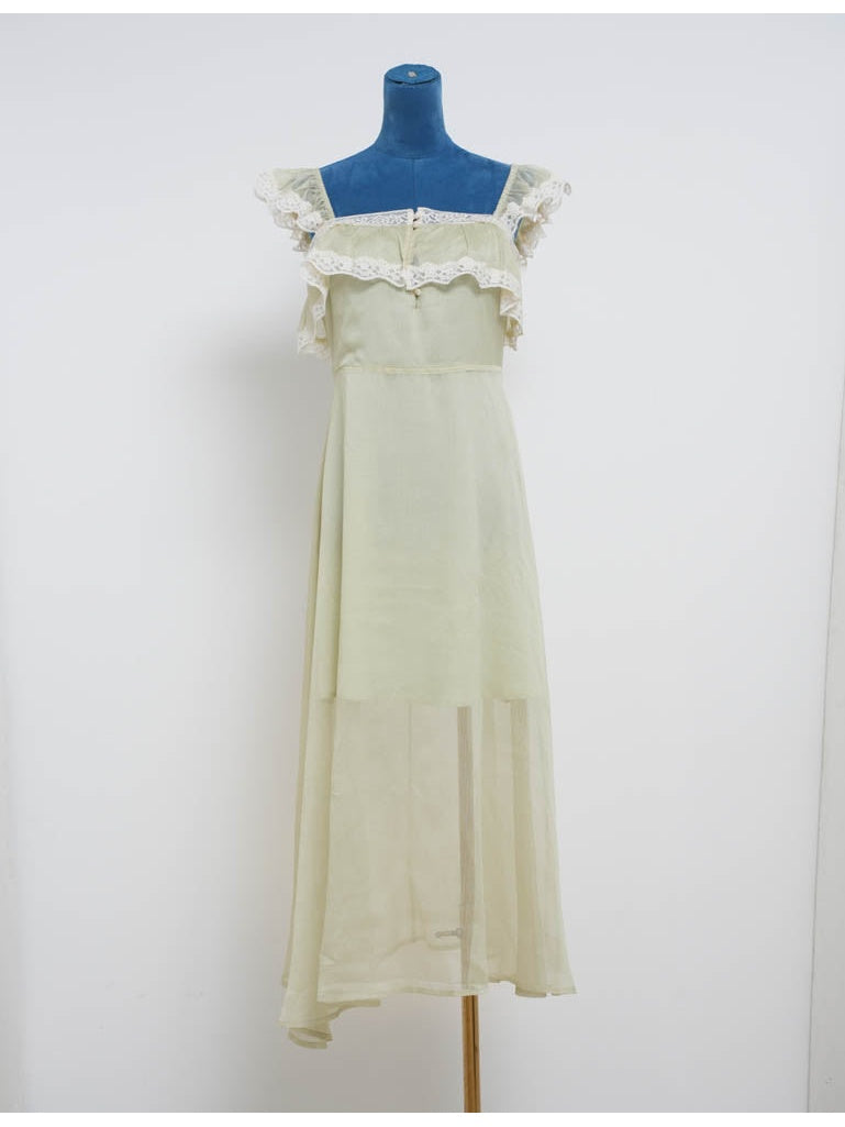 Ruffle Sleeves Lace Trim Square Neck Button Front Midi Dress