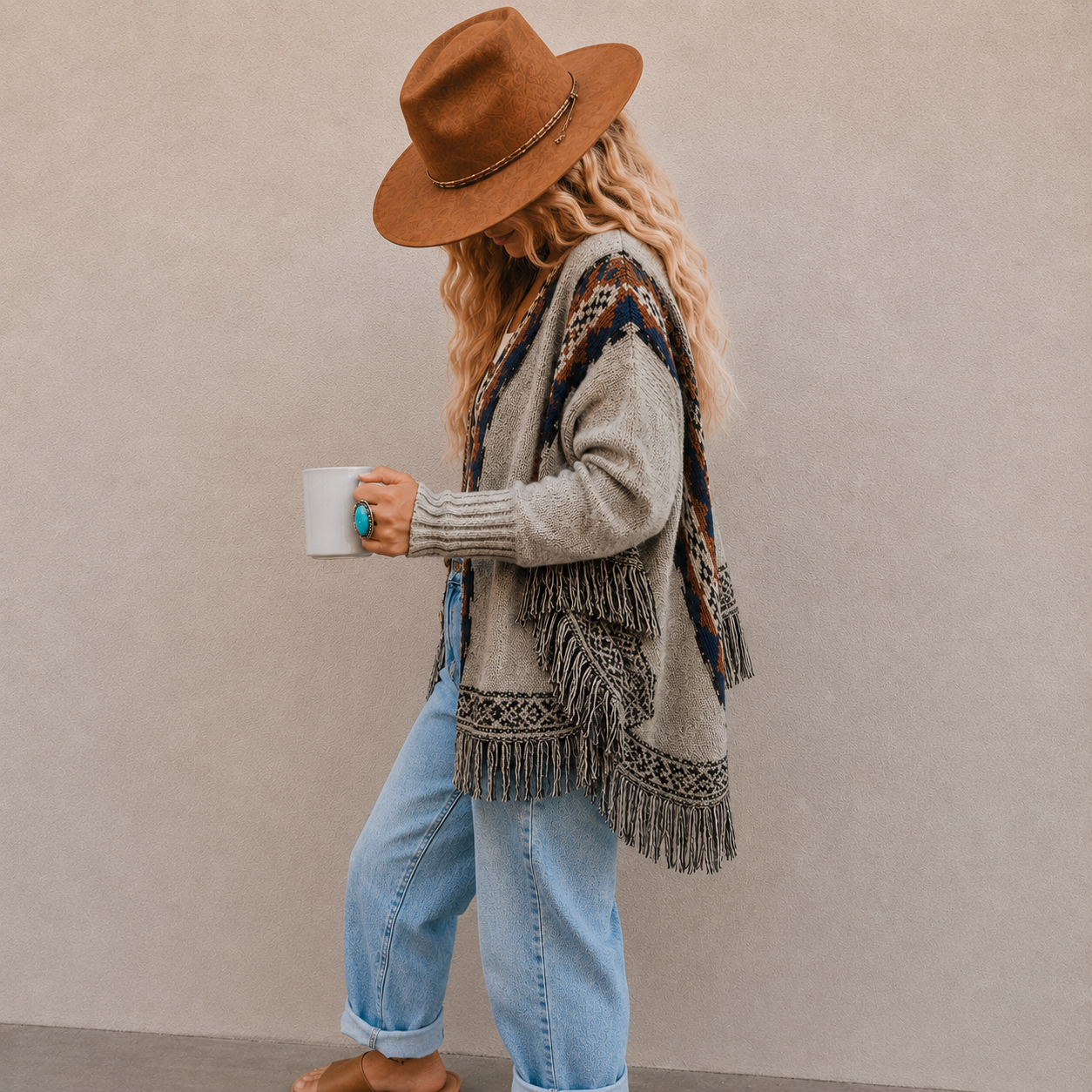 Relaxed Geometric Hooded Fringed Toggle Front Cardigan