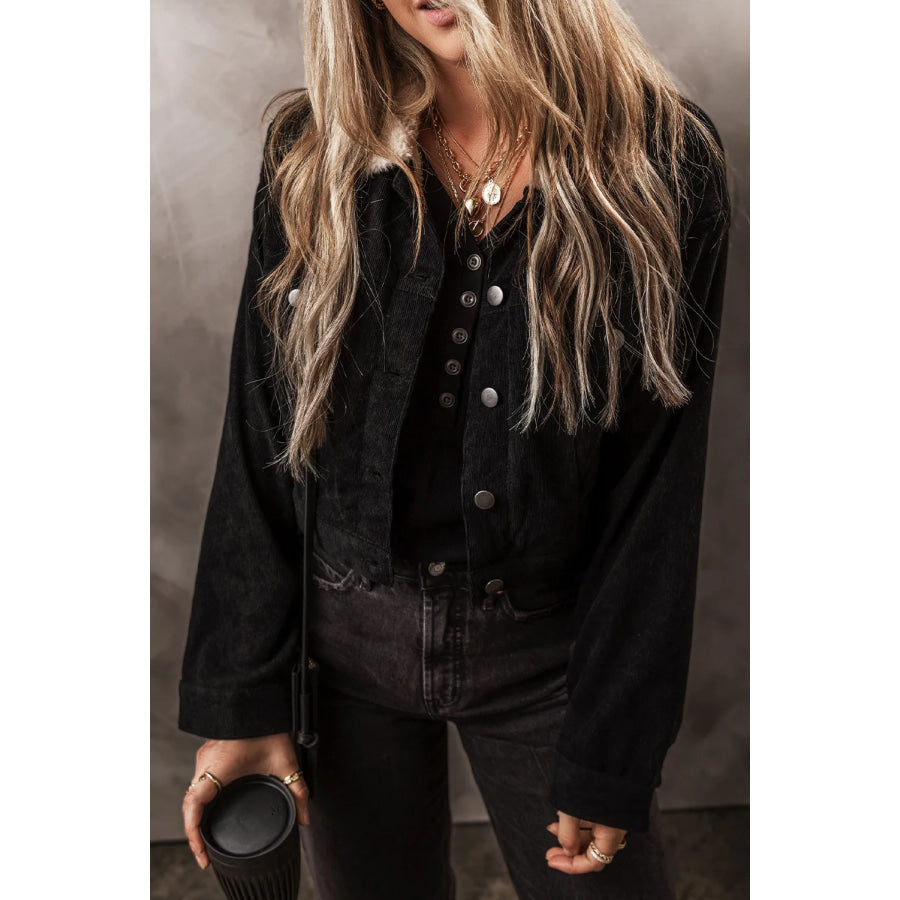 Fuzzy Collared Neck Button Down Jacket