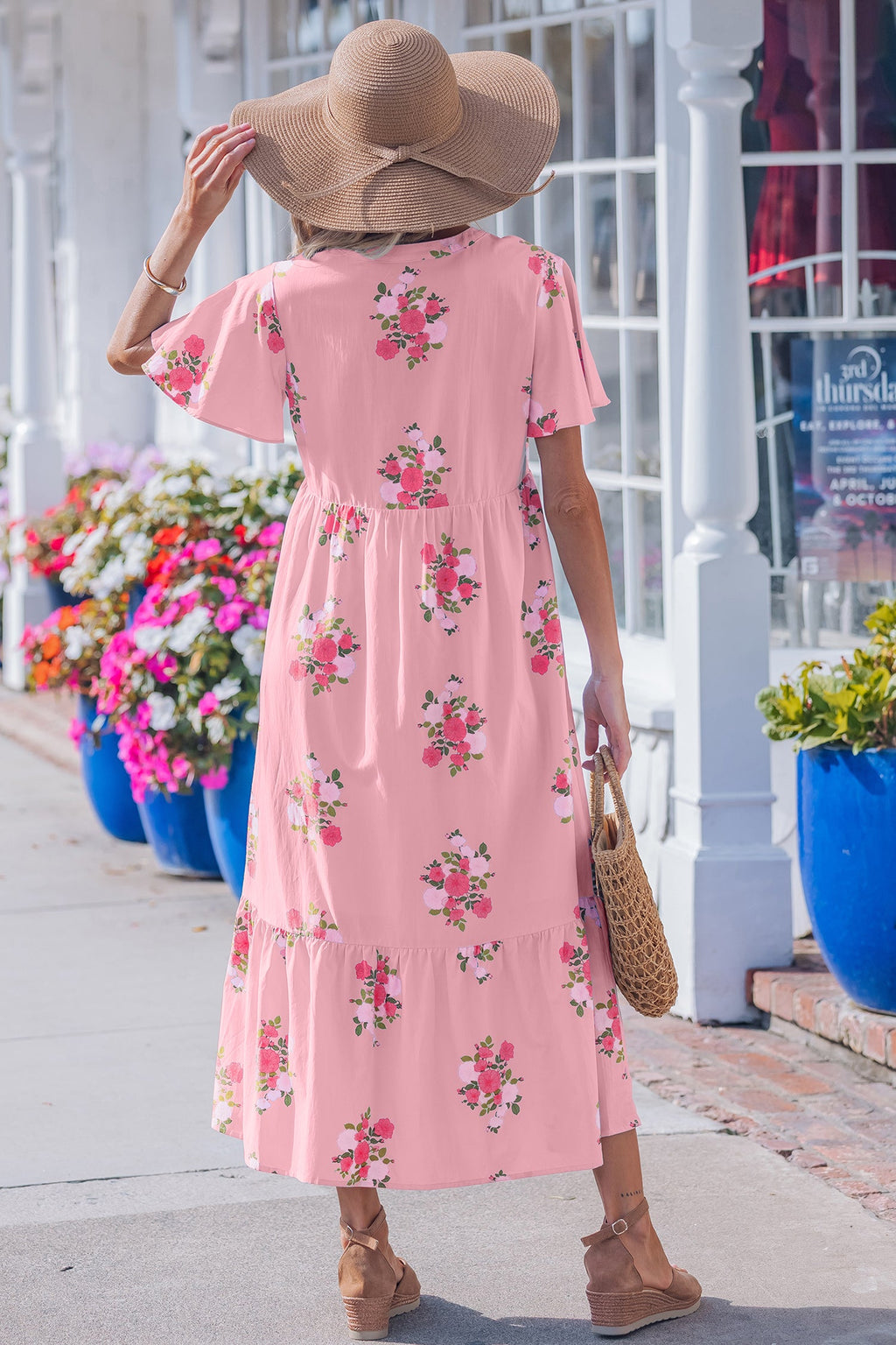 Notched Neck Flutter Short Sleeve Floral Print Maxi Dress