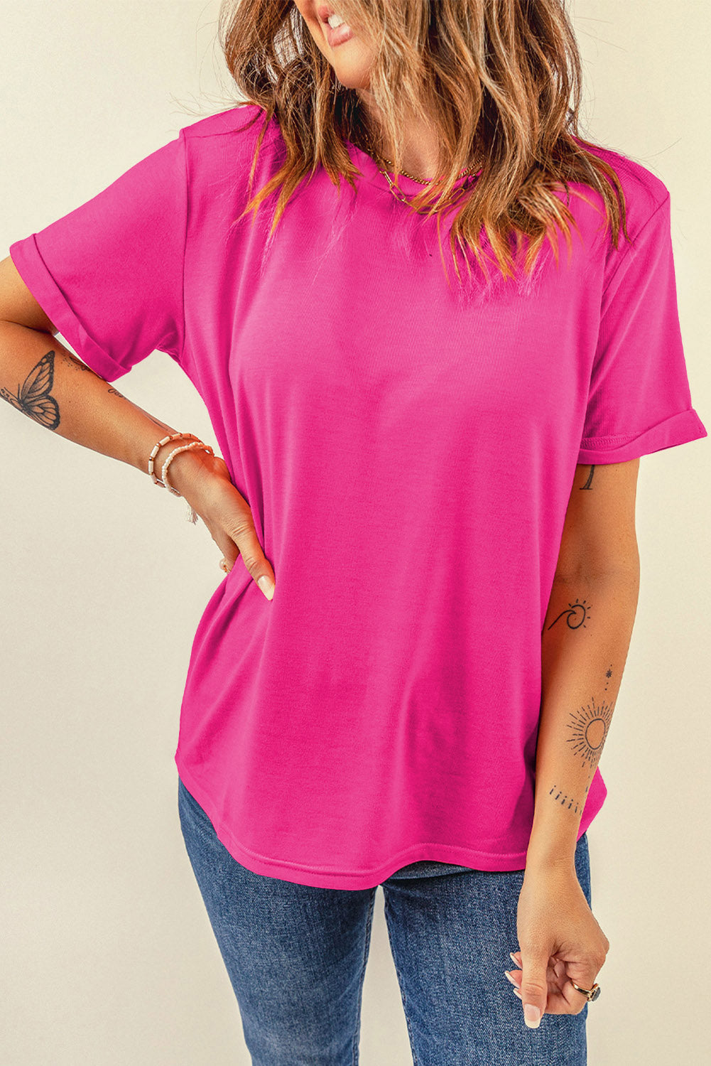 Rose Red Casual Plain Crew