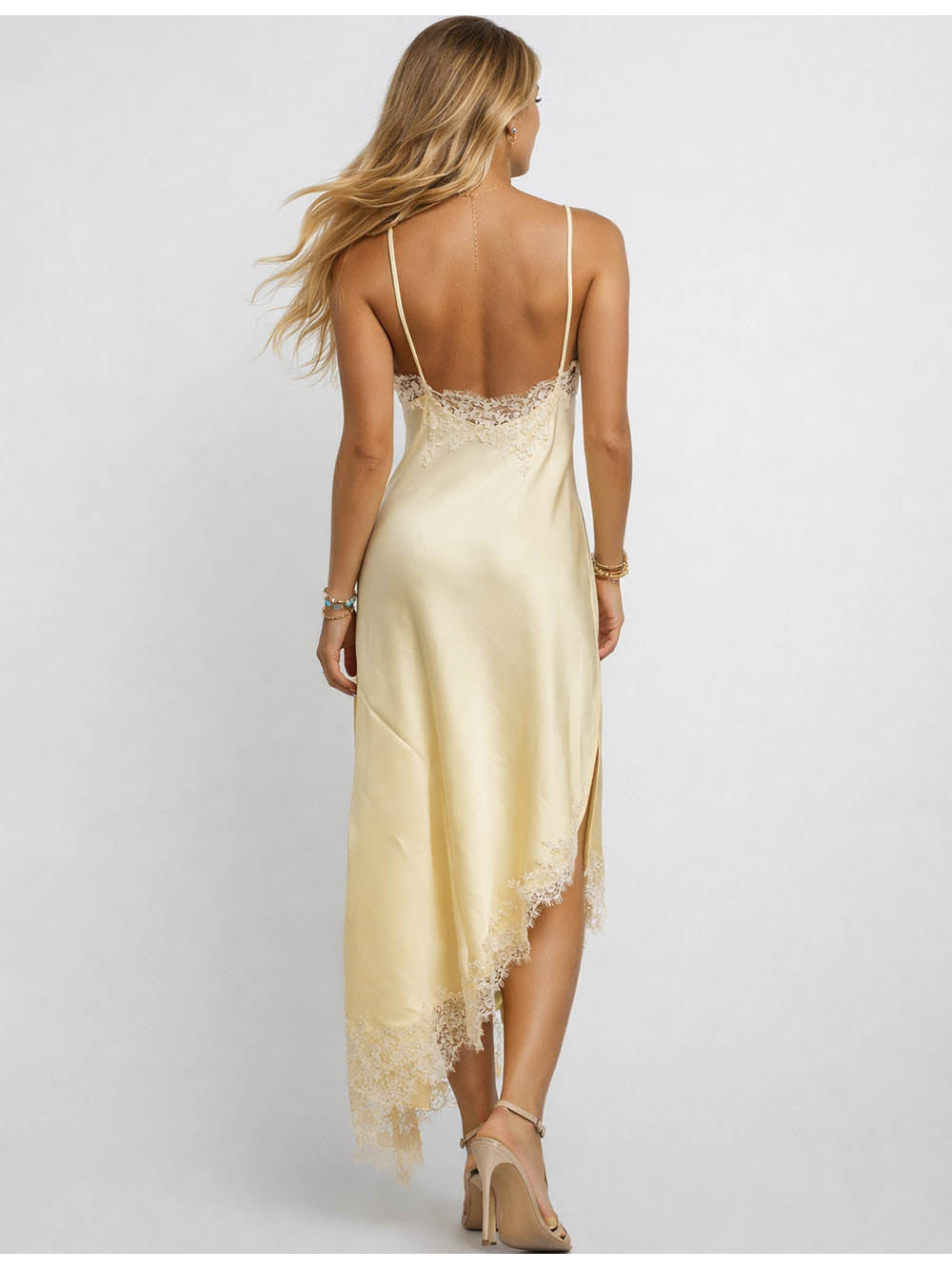 Satin Lace Trim Halter Neck Irregular Hem Maxi Dress