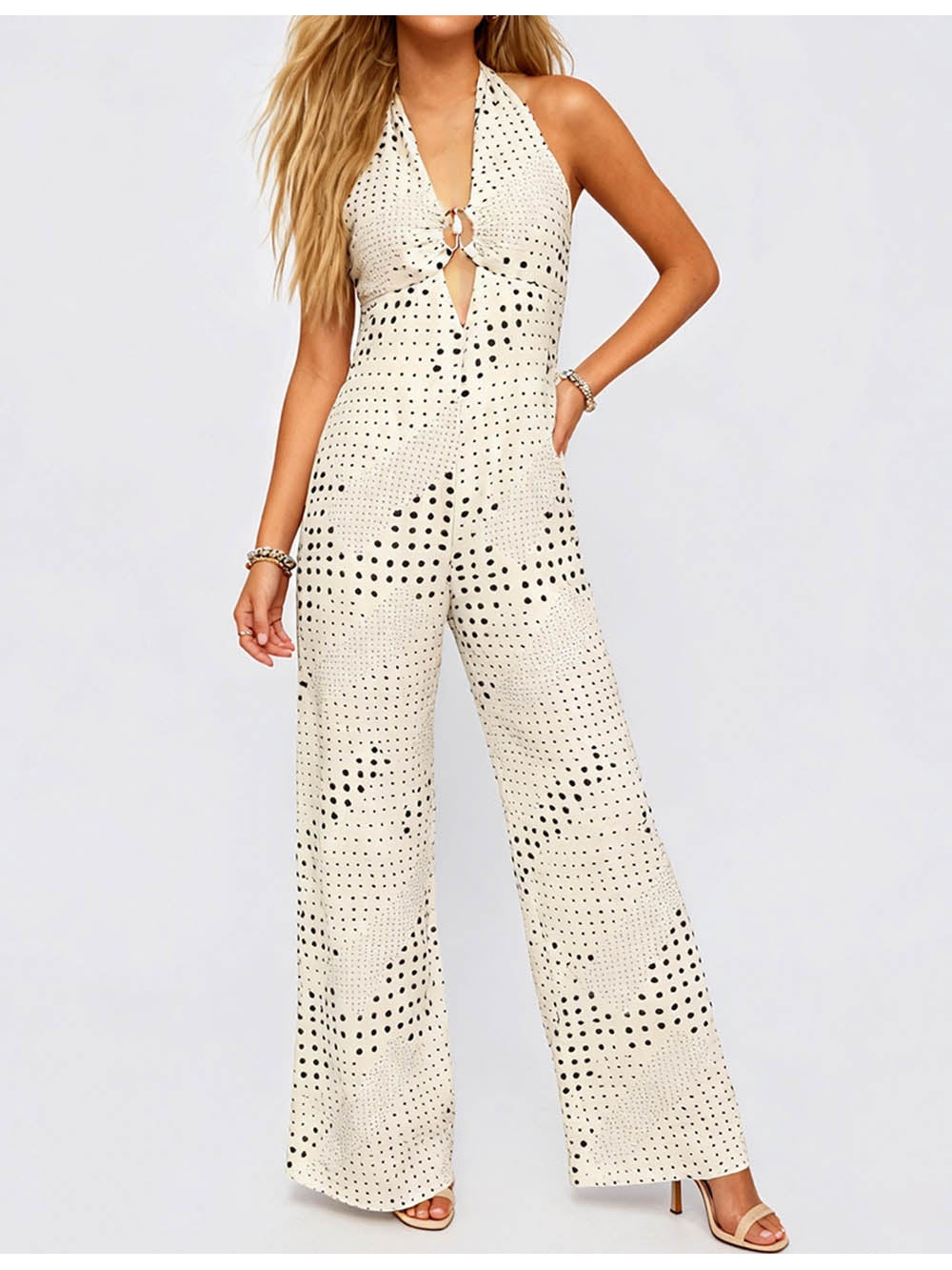Polka Dot Halter Collar Metal Ring Wide Leg Jumpsuit