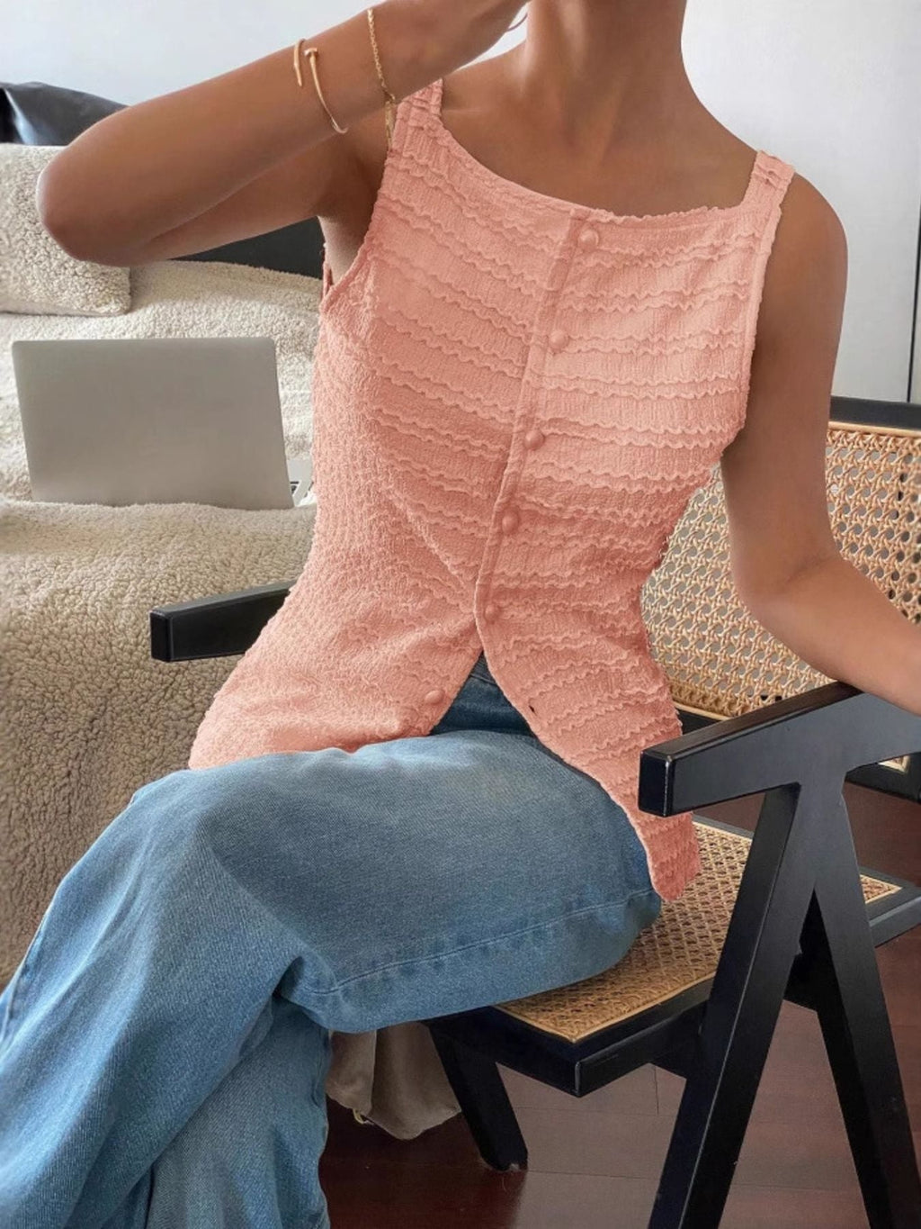 Textured Button Front Tank