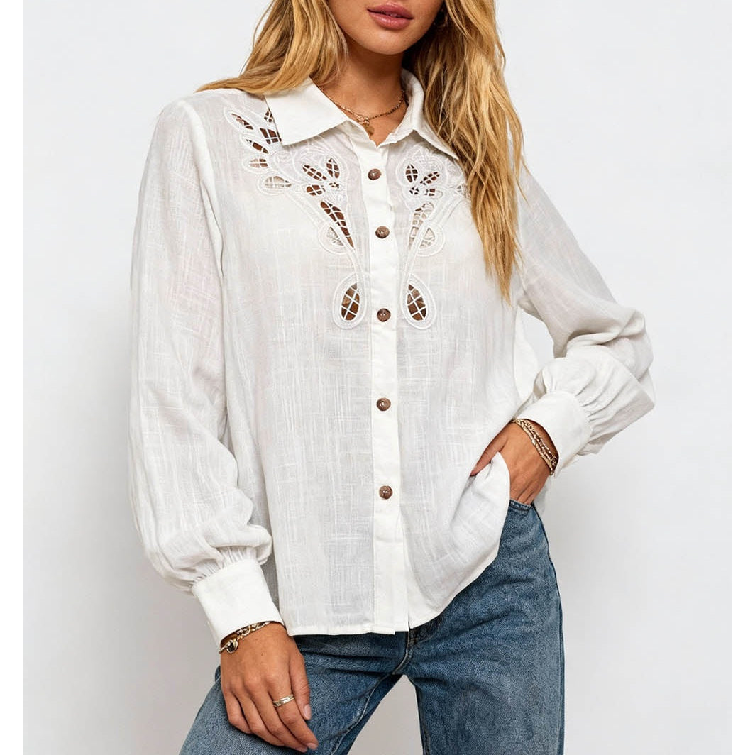 Boho Hollow Out Embroidery Shirt Collar Button Down Blouse