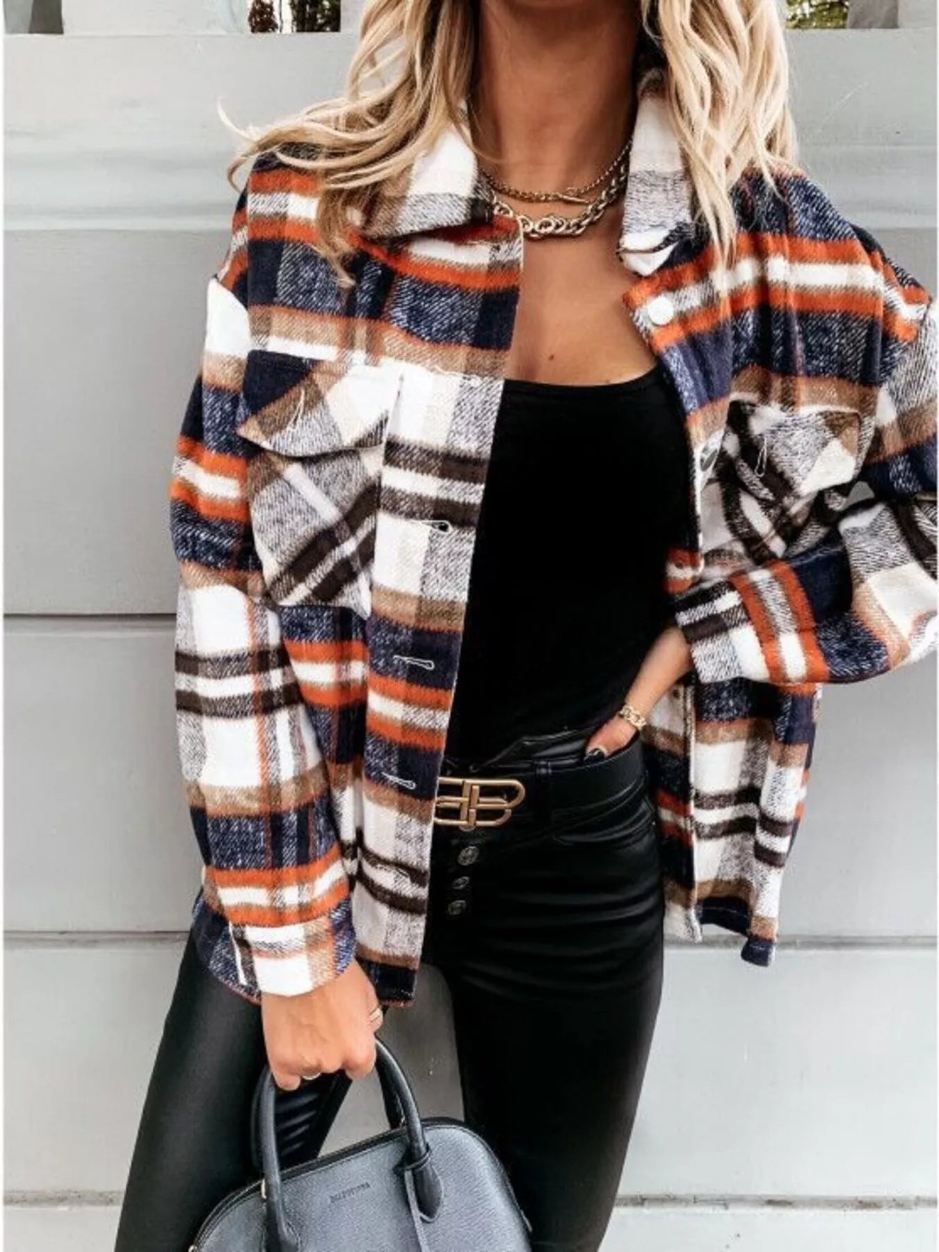 Plaid Button Down Long Sleeve Shacket Jacket