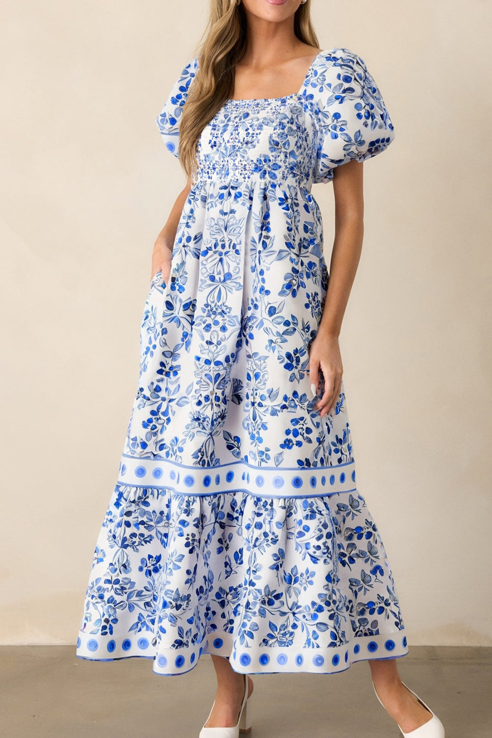 Sky Floral Print Square Neck Bubble Sleeve High Waist